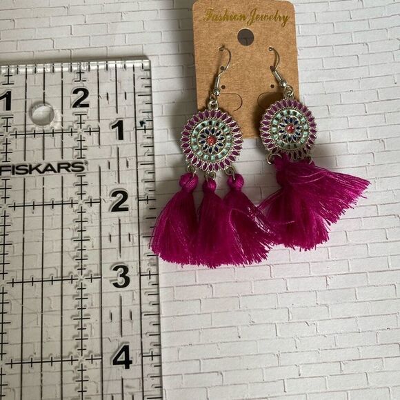 Boho Tassel Earrings with Enamel Mandala - Picture 4 of 5